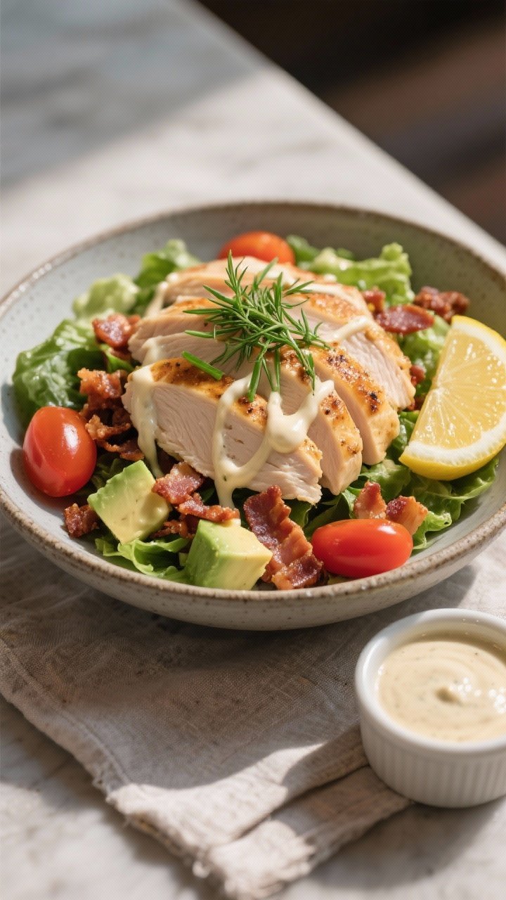 Final plated hero: Restaurant-quality presentation of the completed Ranch BLT Chicken Bowl on a matt