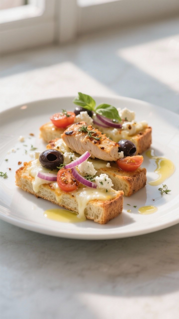 Final plated Mediterranean variation: Three handheld rectangular slices stacked slightly offset on a