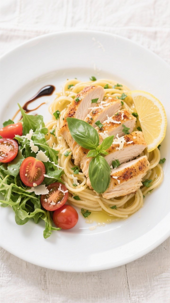 Final plated overhead shot: Restaurant-quality presentation of sliced air fryer chicken breast fanne