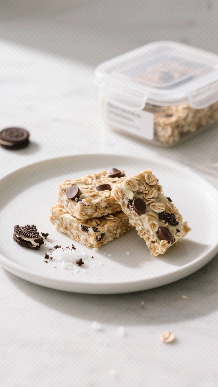 Final plated presentation: A few neatly cut protein squares (snack-sized) stacked on a matte white p