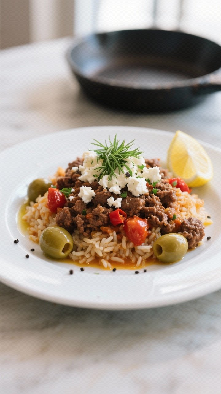 Final plated presentation, : A generously piled serving of Mediterranean ground beef and rice on a w
