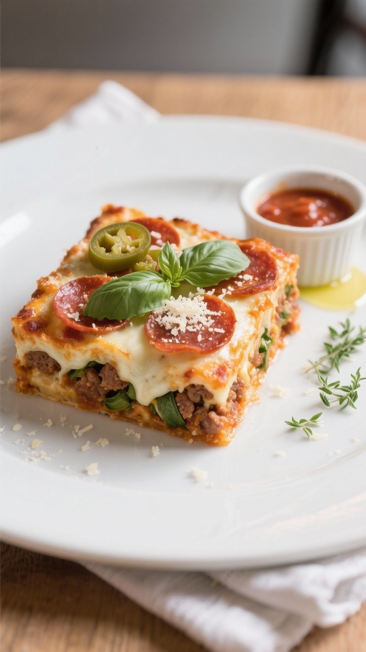 Final plated presentation: A tidy square of the pepperoni pizza casserole served on a matte white pl