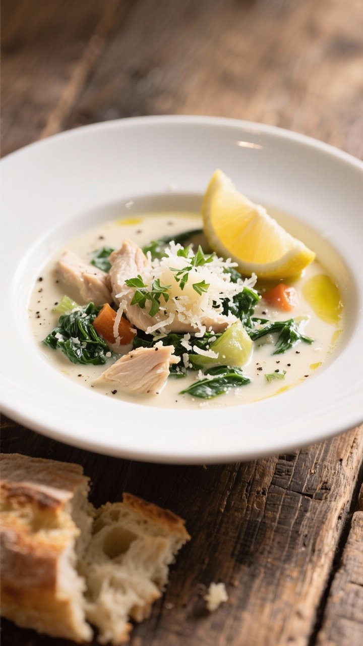 Final plated presentation: A wide, shallow white bowl of Creamy Chicken Florentine Soup on a rustic 