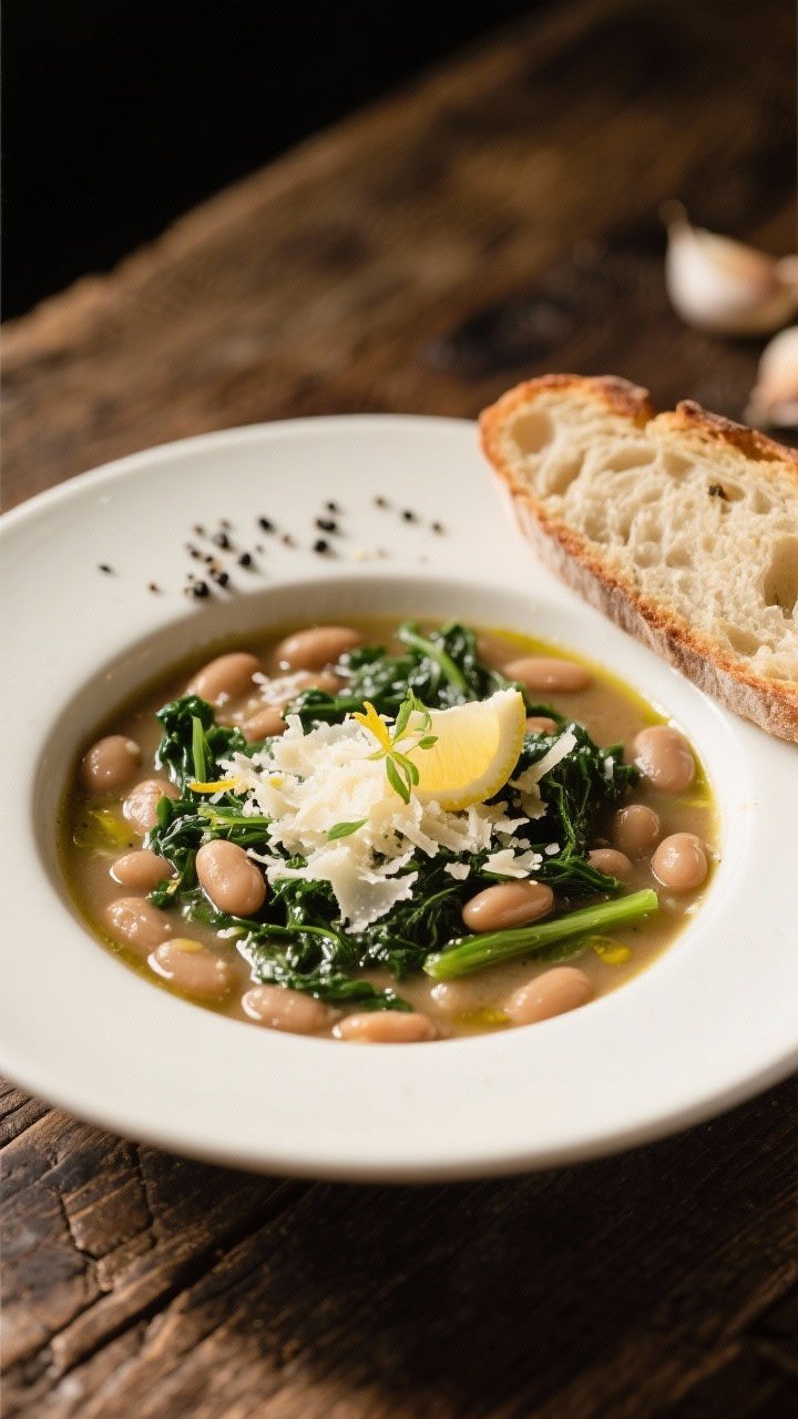 Final plated presentation: Bowl of Tuscan Bean & Kale Soup served with finishing touches—silky, sl