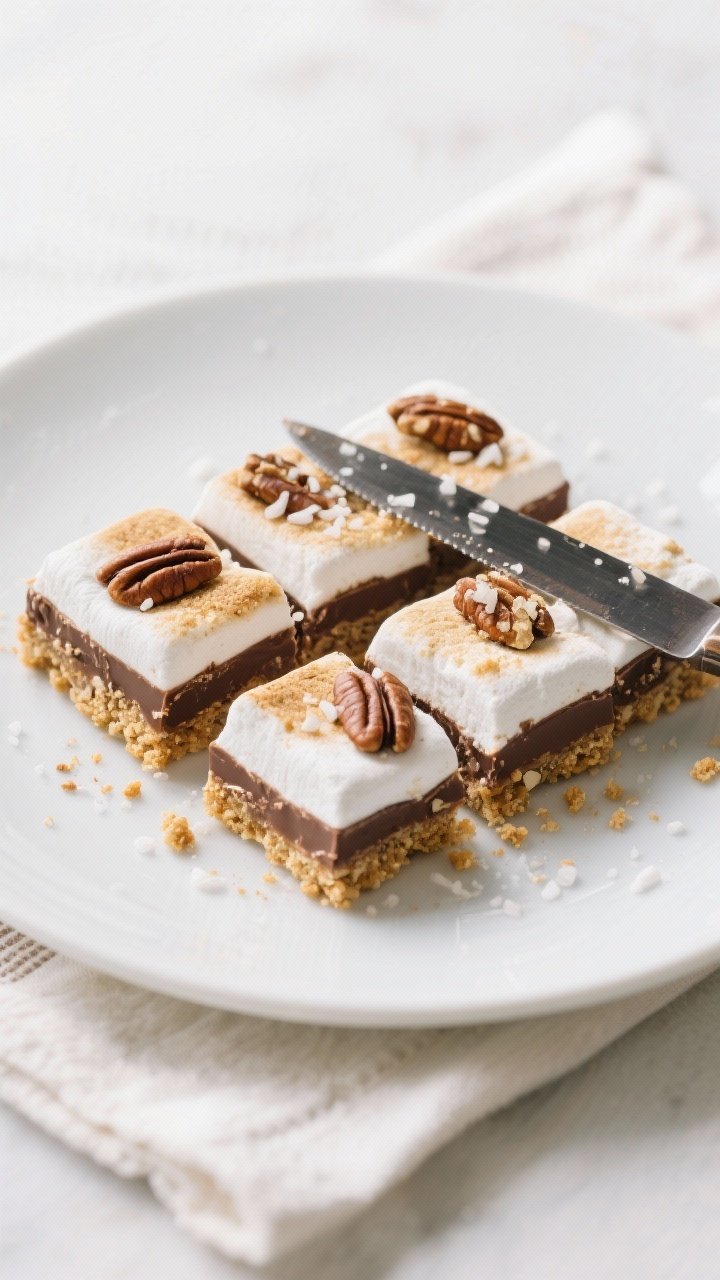 Final plated presentation: Perfectly sliced chocolate marshmallow squares on a simple white plate, n