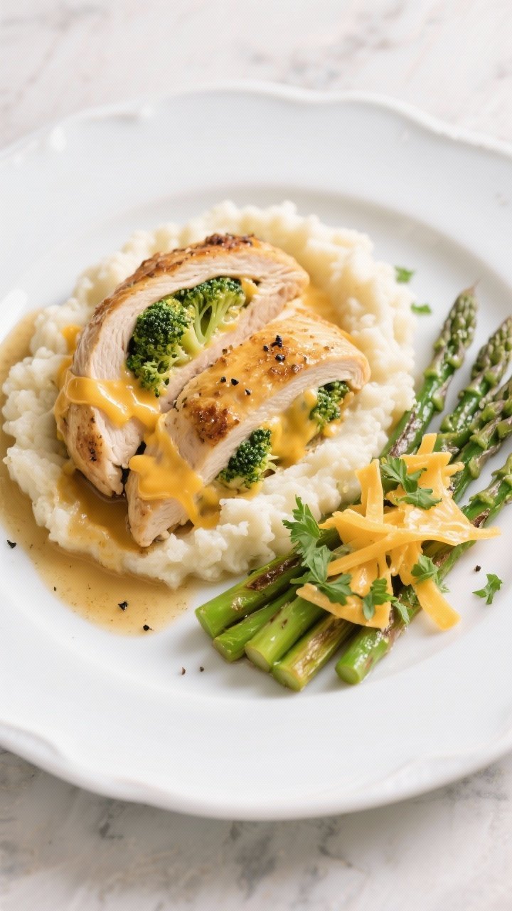 Final plated presentation: Restaurant-quality plate with two thick slices of broccoli cheddar stuffe