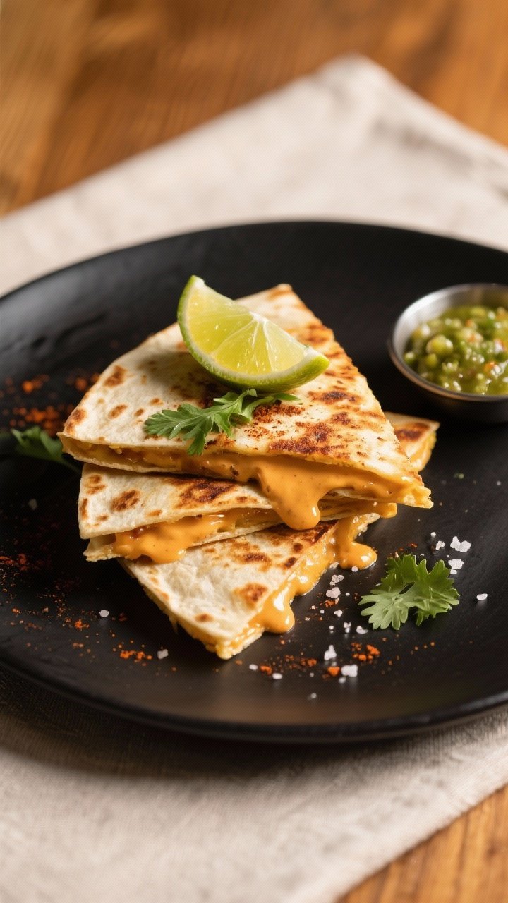 Final plated presentation: Restaurant-quality plating of three stacked quesadilla wedges on a matte 