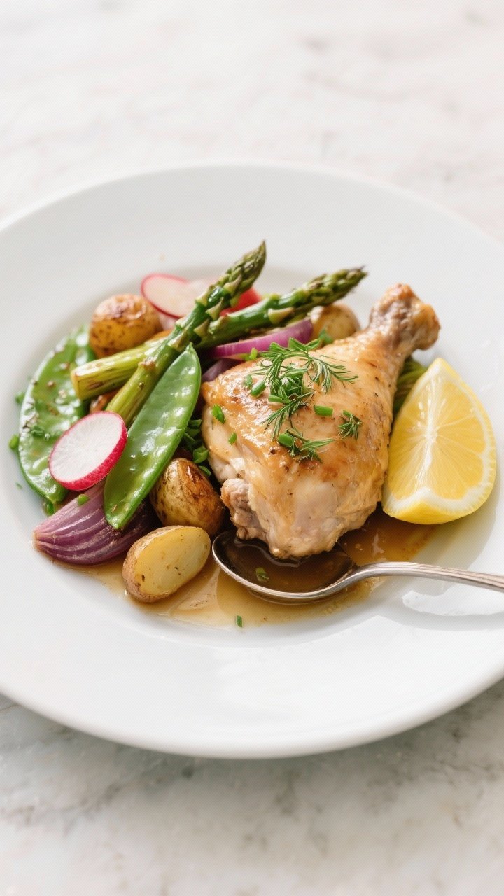 Final plated presentation: Restaurant-quality plating of one chicken thigh with a composed medley of