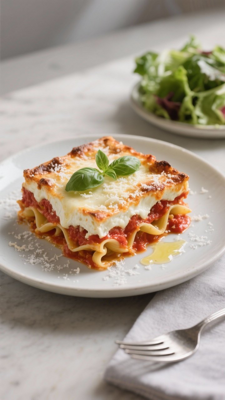 Final plated presentation: Restaurant-quality serving of the baked pasta on a matte off-white plate,