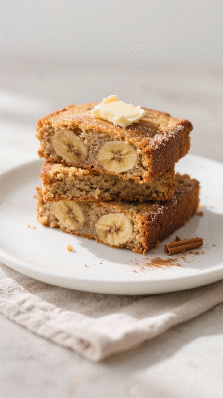 Final plated presentation: Slices of the sourdough discard brown sugar banana snack cake stacked sli