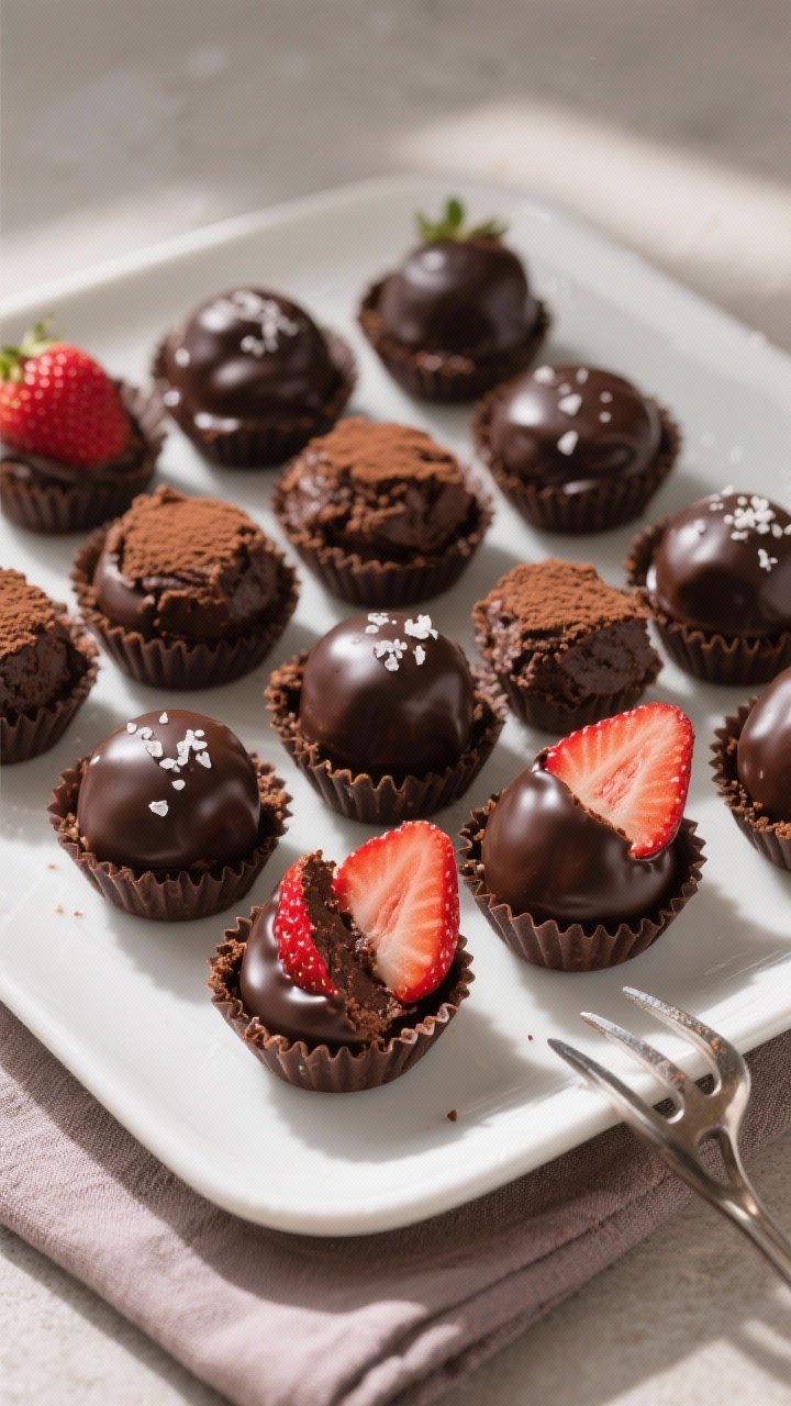 Final plated presentation, top-down: A dessert tray of finished Chocolate Covered Strawberry Brownie