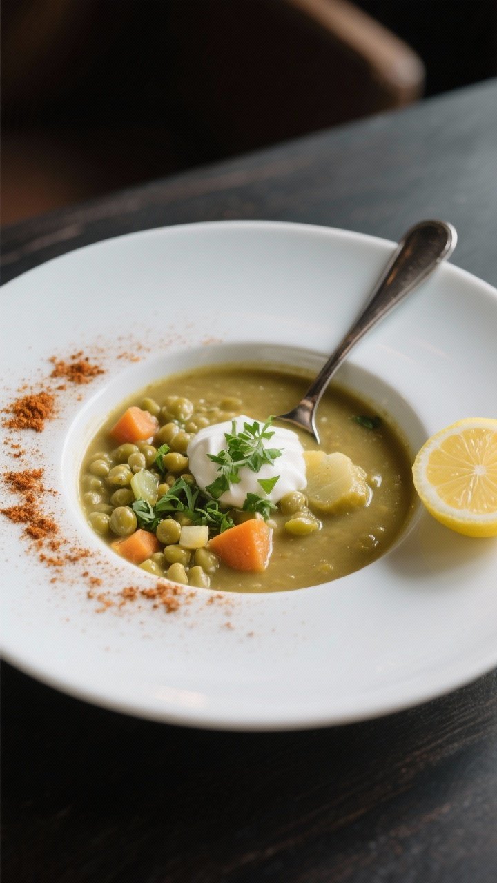 Final plated restaurant-quality presentation: a single elegant bowl of Split Pea & Veggie Soup with 