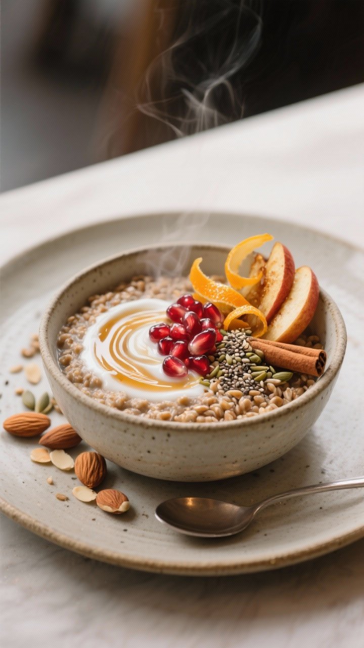 Final plated, restaurant-quality presentation: Beautifully plated Buckwheat Breakfast Bowl served ca