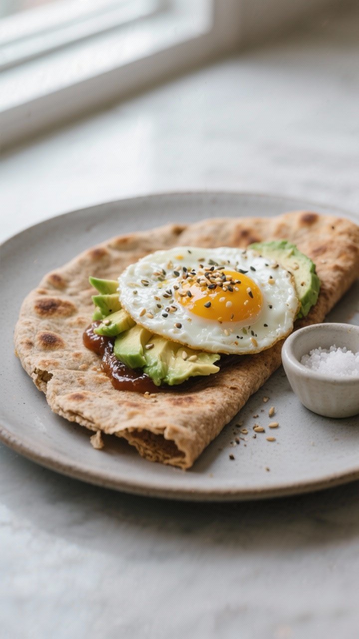 Final plated savory — close-up detail: Close-up of a warm whole-grain flatbread (whole-wheat, oat,