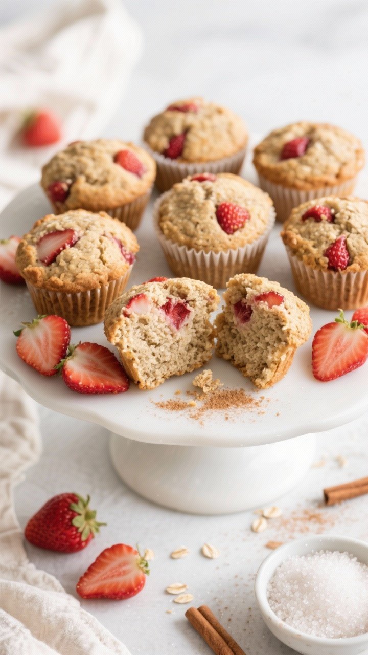 Final presentation: Bakery-style platter of oat flour strawberry muffins arranged on a matte white c