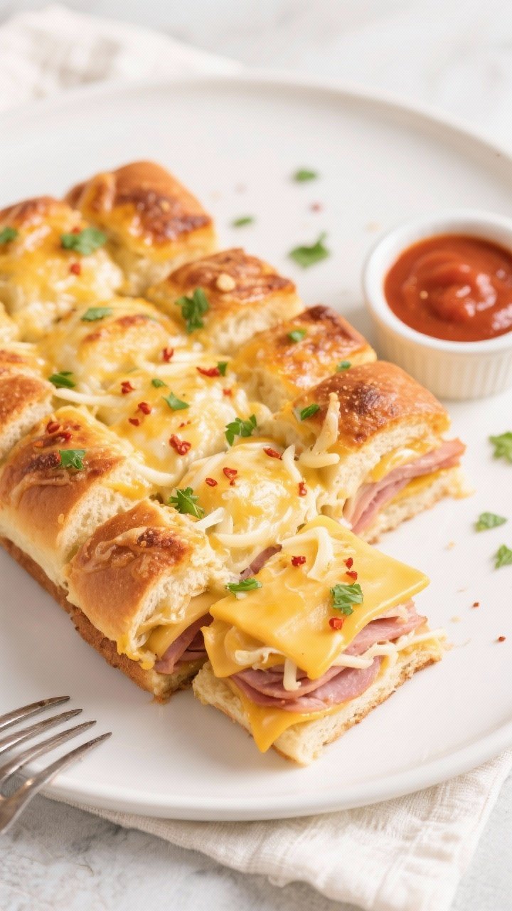 Final presentation: Beautifully plated Cheesy Garlic Butter Pull-Apart Slider Bake, individual squar