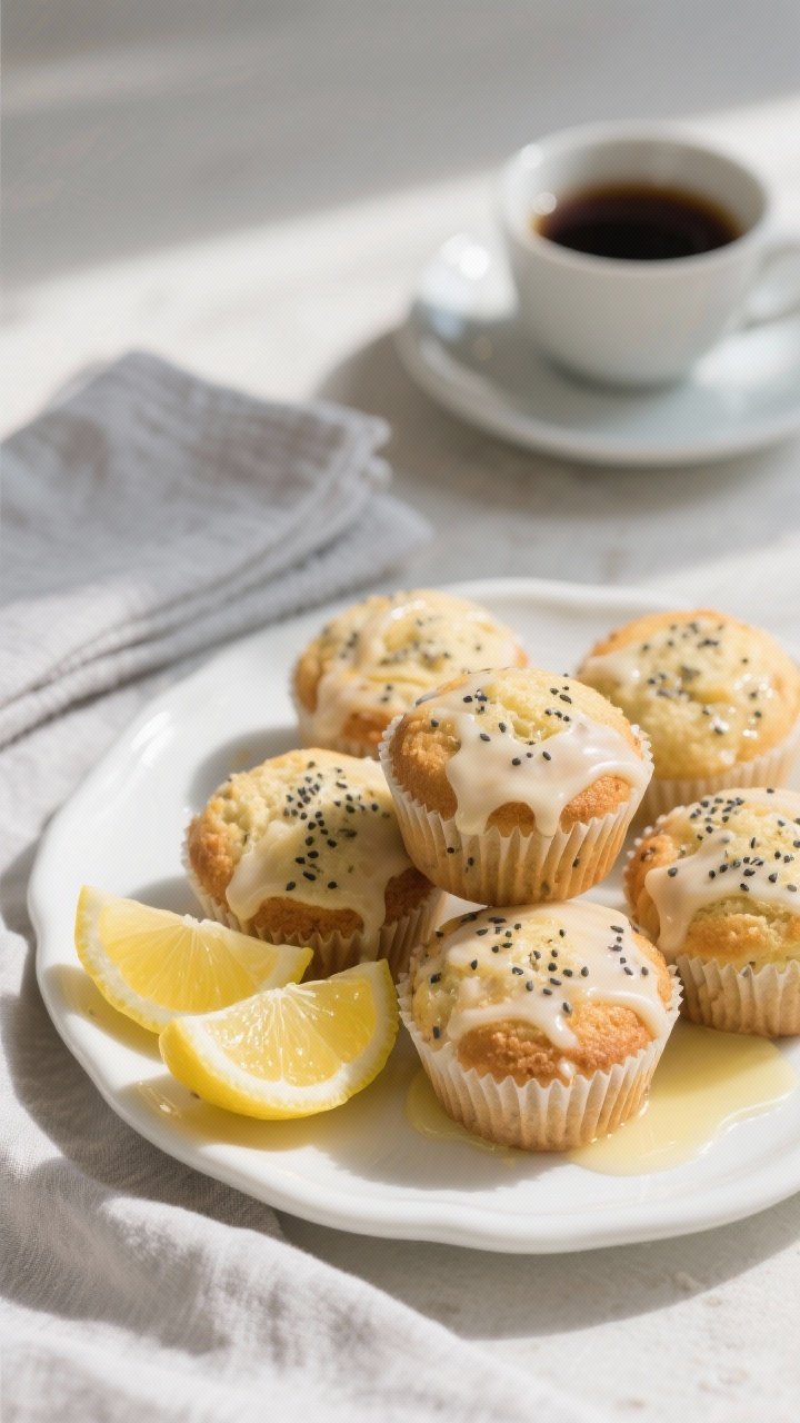 Final presentation hero shot: Bakery-style lemon poppy seed muffins arranged on a white ceramic plat