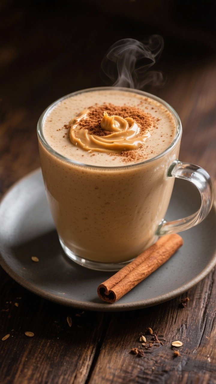 Final presentation hero shot: beautifully styled Banana Oat Cinnamon Breakfast Smoothie with a cozy