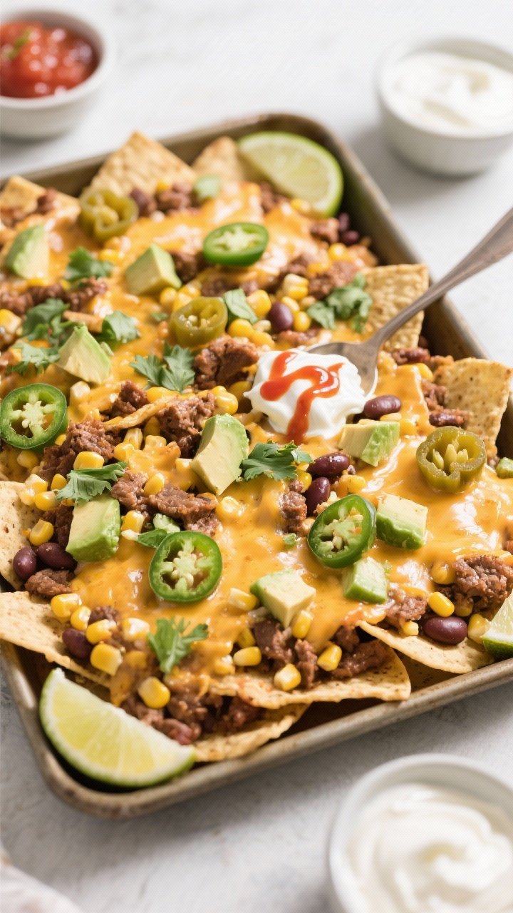 Final presentation — party-ready sheet pan on the table: top-down shot of the fully assembled shee