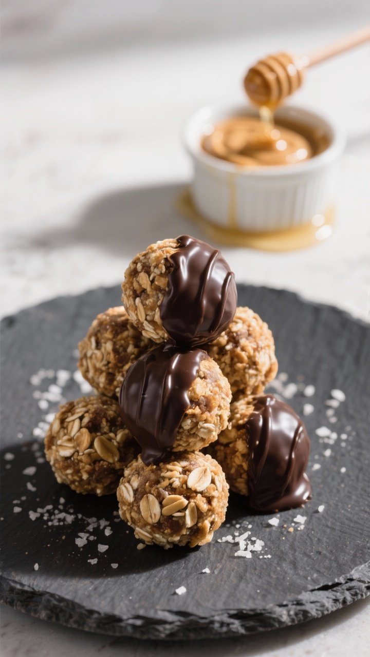 Final presentation plate: Honey Peanut Crunch Protein Balls stacked in a small pyramid on a charcoal