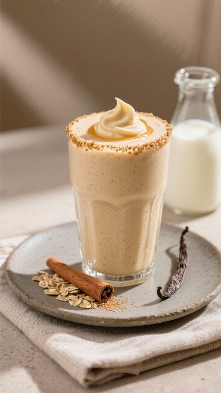 Final presentation: Restaurant-quality serving of the smoothie in a tall frosted glass with thick, v