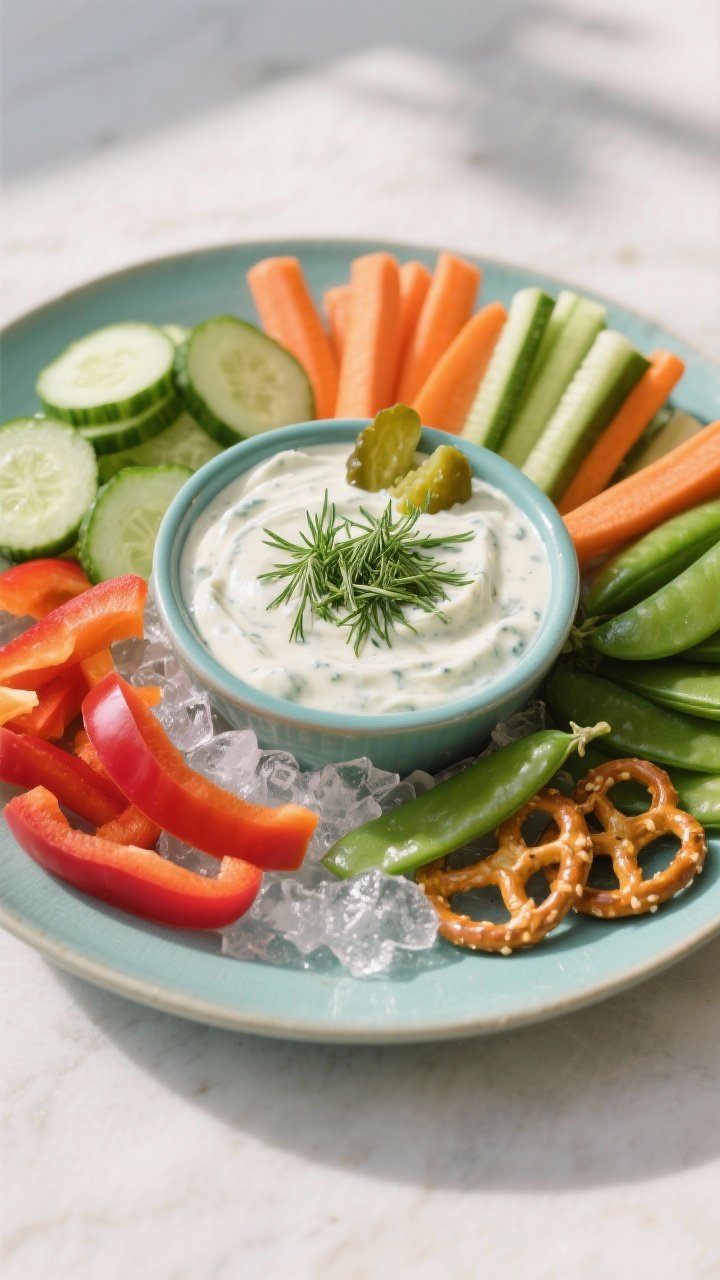 Final presentation shot: Beautiful party-ready platter—central small bowl of chilled dill pickle r