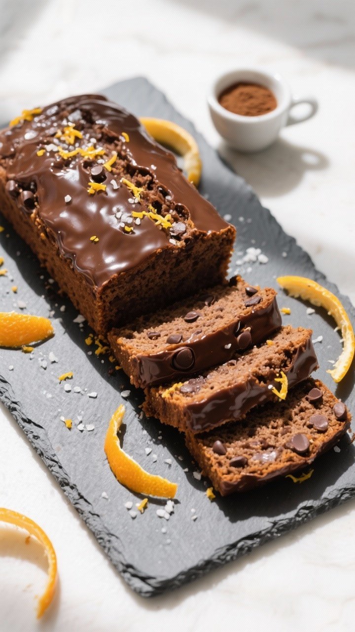 Final presentation: Tasty of the fully glazed vegan chocolate orange loaf on a matte slate serving b