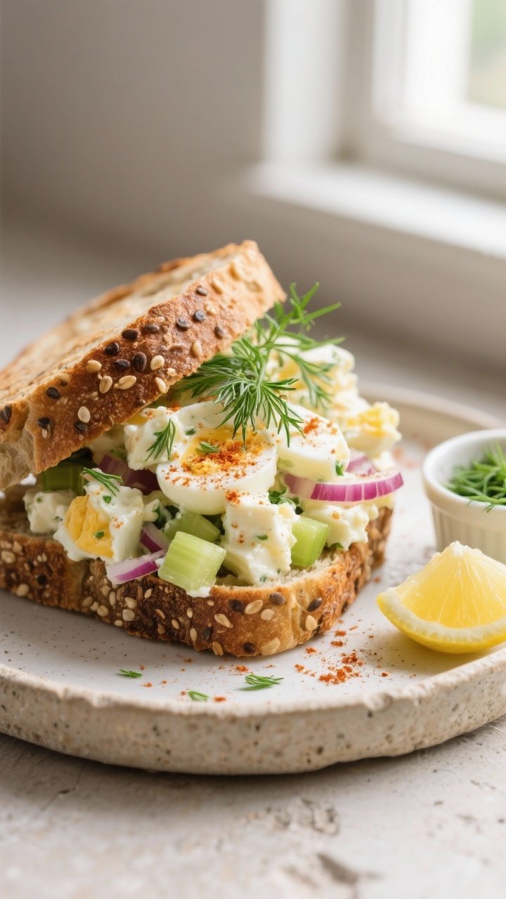 Final sandwich beauty shot: Toasted seeded sourdough piled high with the Greek-yogurt egg salad, chu