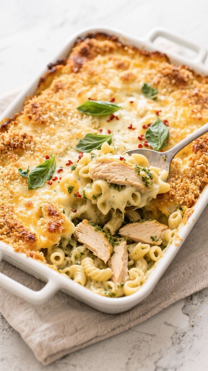 Overhead casserole reveal: Top-down shot of the baked Chicken Pesto Mac & Cheese in a 9x13 casserole