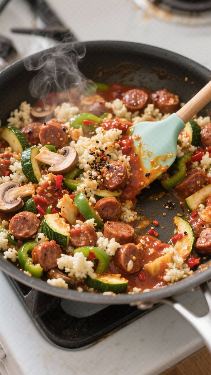 Overhead cooking process shot: The veggie-sausage-sauce mixture in a wide skillet mid-sauté, moistu