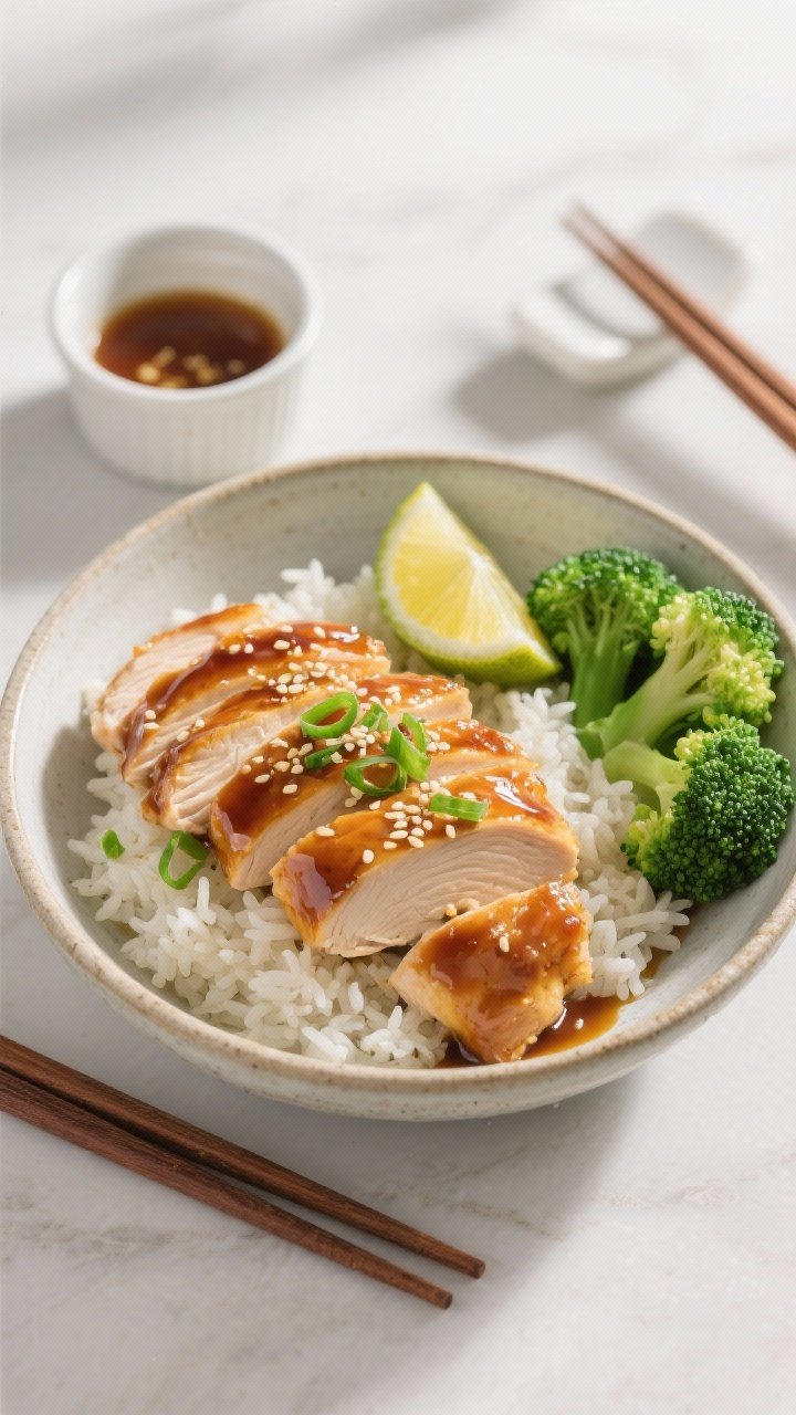 Overhead final plating: Tasty of sliced honey garlic chicken breast fanned over steamed jasmine rice