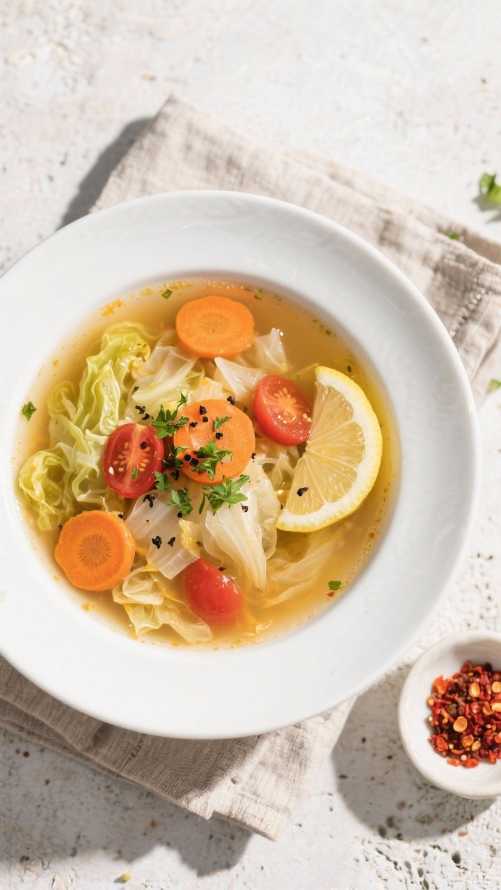 Overhead final presentation: Tasty of a wide, white soup bowl filled with the cabbage and carrot sou