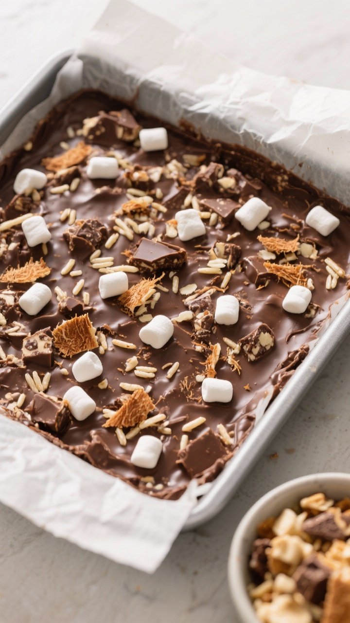 Overhead “in-the-pan” scene: The no-bake chocolate marshmallow mixture pressed evenly into a par