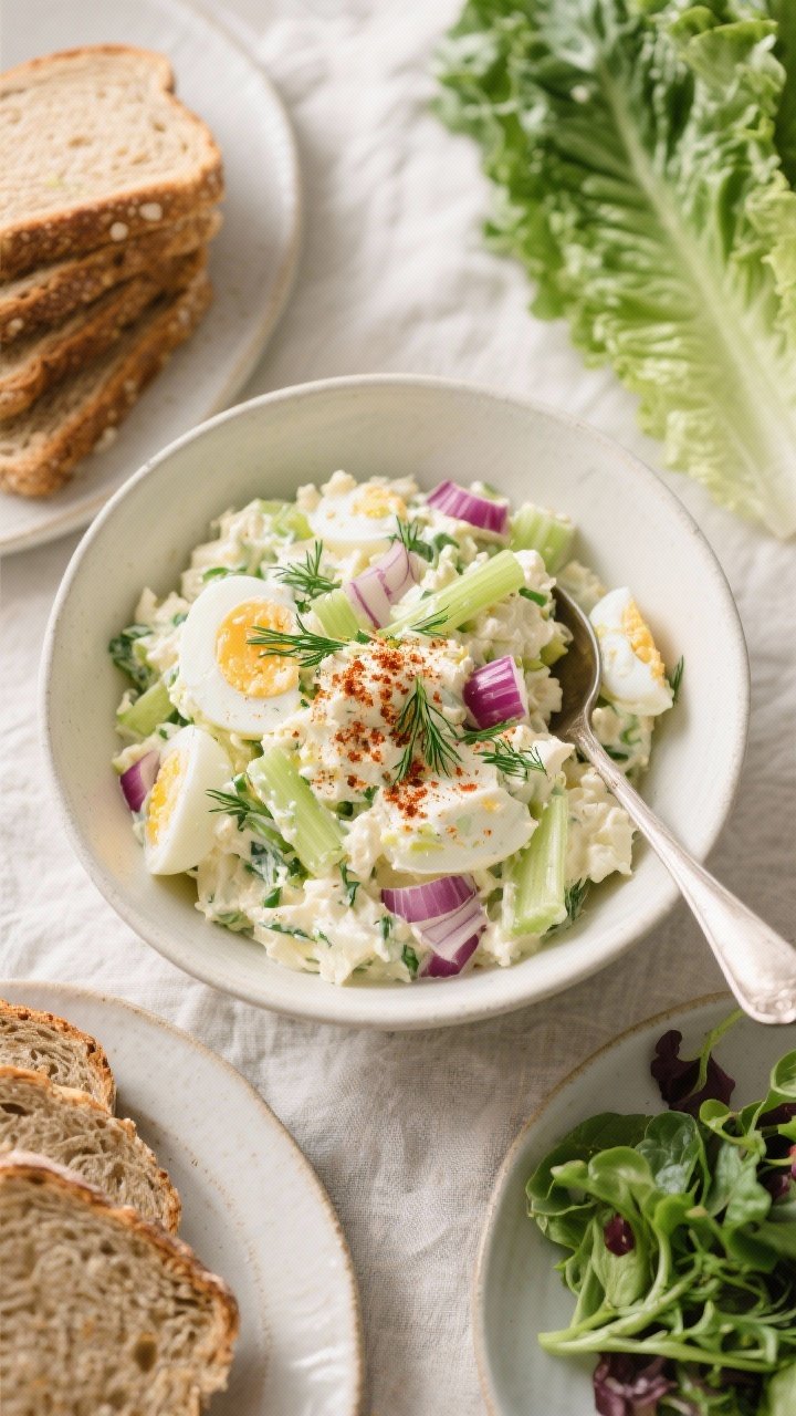 Overhead meal-prep and serving scene: Top-down shot of a wide bowl of finished egg salad—creamy of