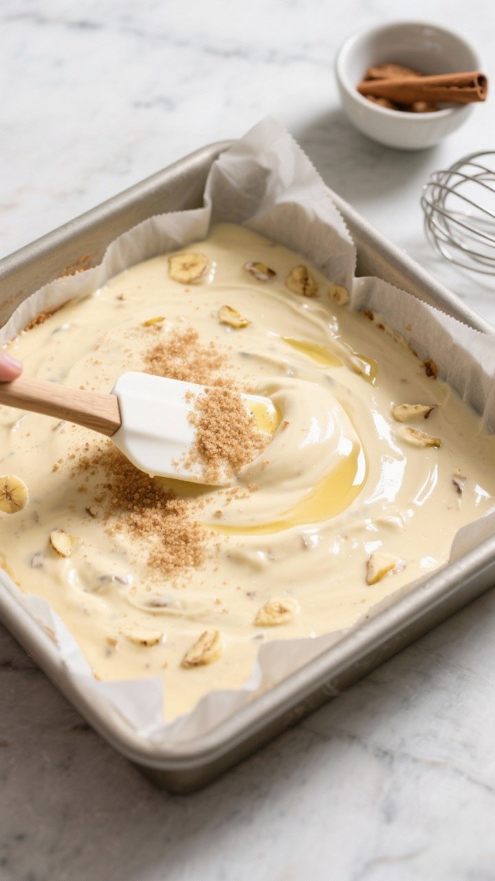 Overhead process shot: Batter being smoothed into the prepared parchment-lined 8x8 pan with a spatul