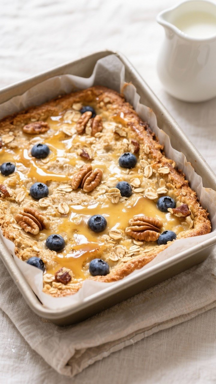 Overhead shot of a freshly baked oatmeal square in an 8x8 pan, golden top with visible blueberries a
