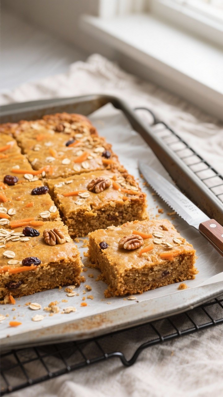 Overhead shot of freshly baked Carrot Cake Breakfast Squares cooling on parchment lifted from a 9x13