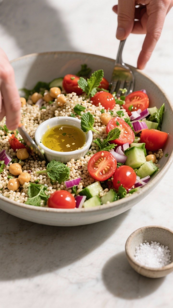 Overhead “tasty top” process shot: The salad base in a wide mixing bowl—cooled quinoa, chickpe