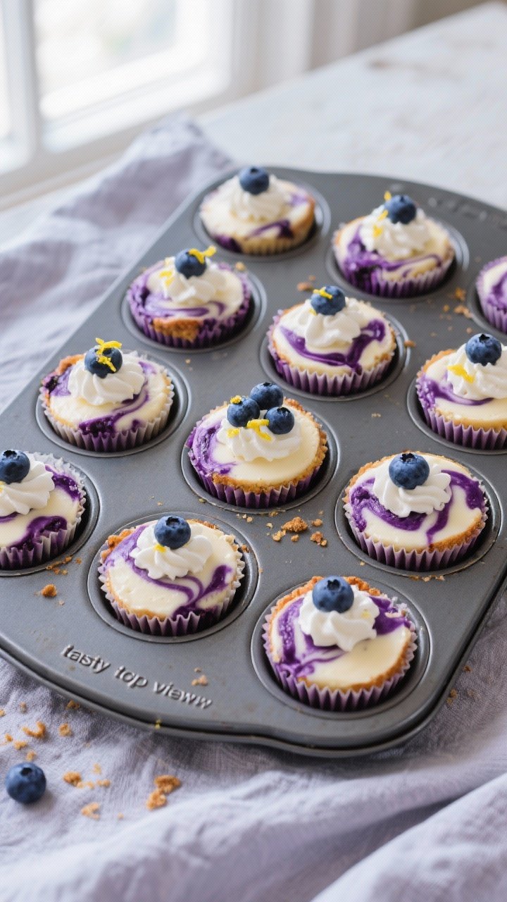 Overhead “tasty top view”: A full 12-cup muffin tin of baked and chilled blueberry cheesecake cu