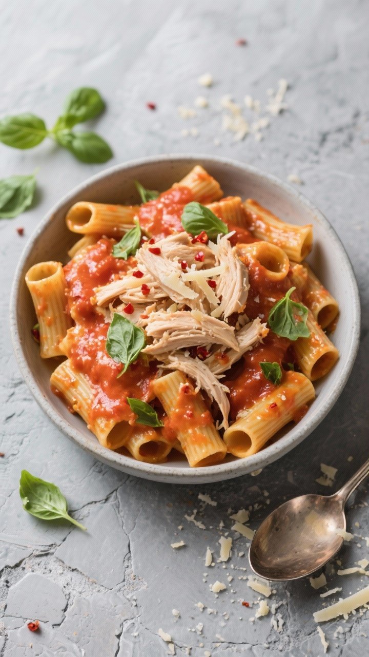 Overhead tasty top view: Bowl of rigatoni generously coated with the tomato cream chicken sauce, shr
