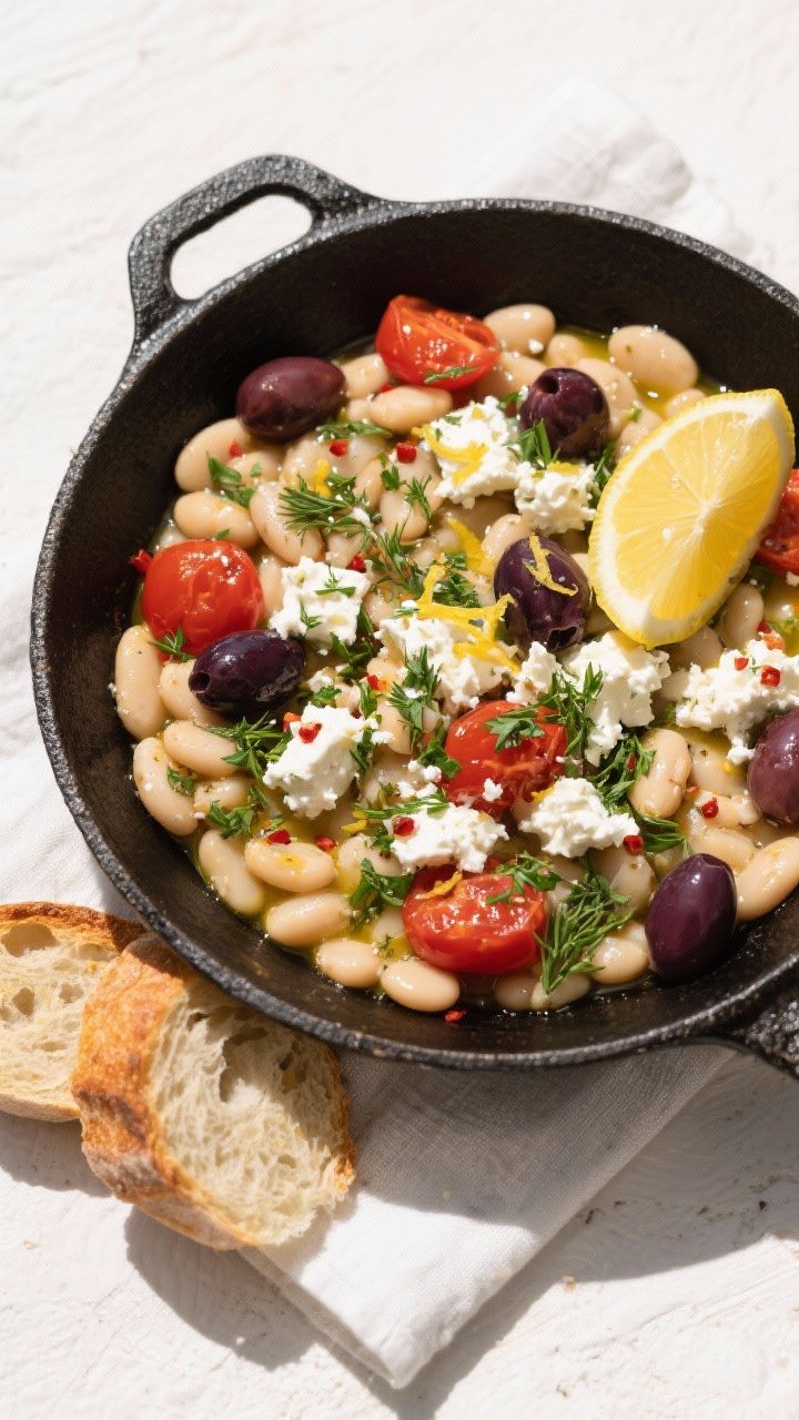 Overhead tasty top view: Final Greek-style white bean skillet presented family-style in a wide black