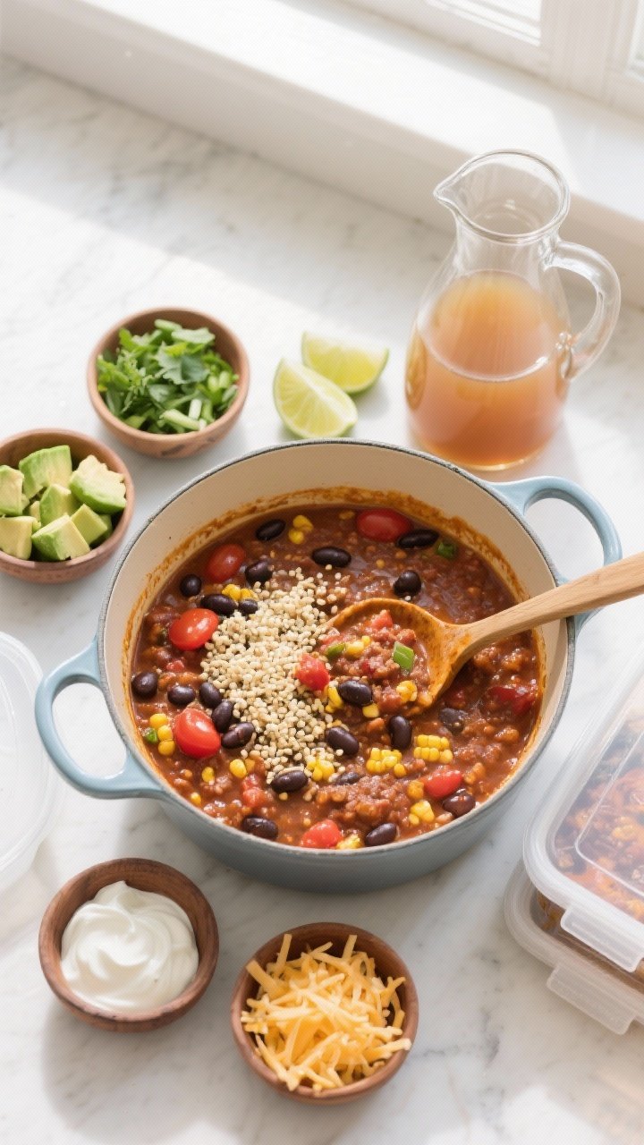 Overhead “tasty top view” for serving and meal prep: Top-down shot of a Dutch oven filled with f
