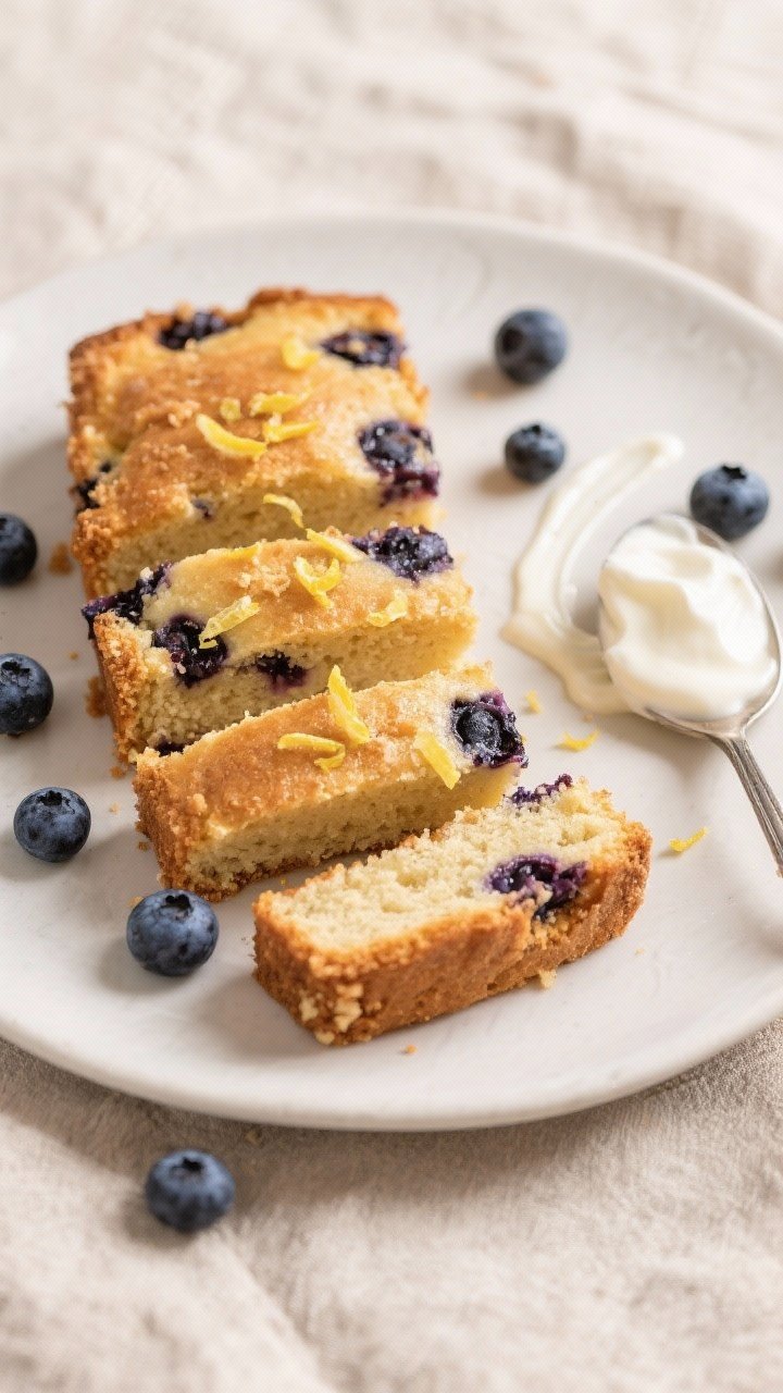 Overhead tasty top view: Neatly sliced squares of the blueberry breakfast cake arranged on a matte w