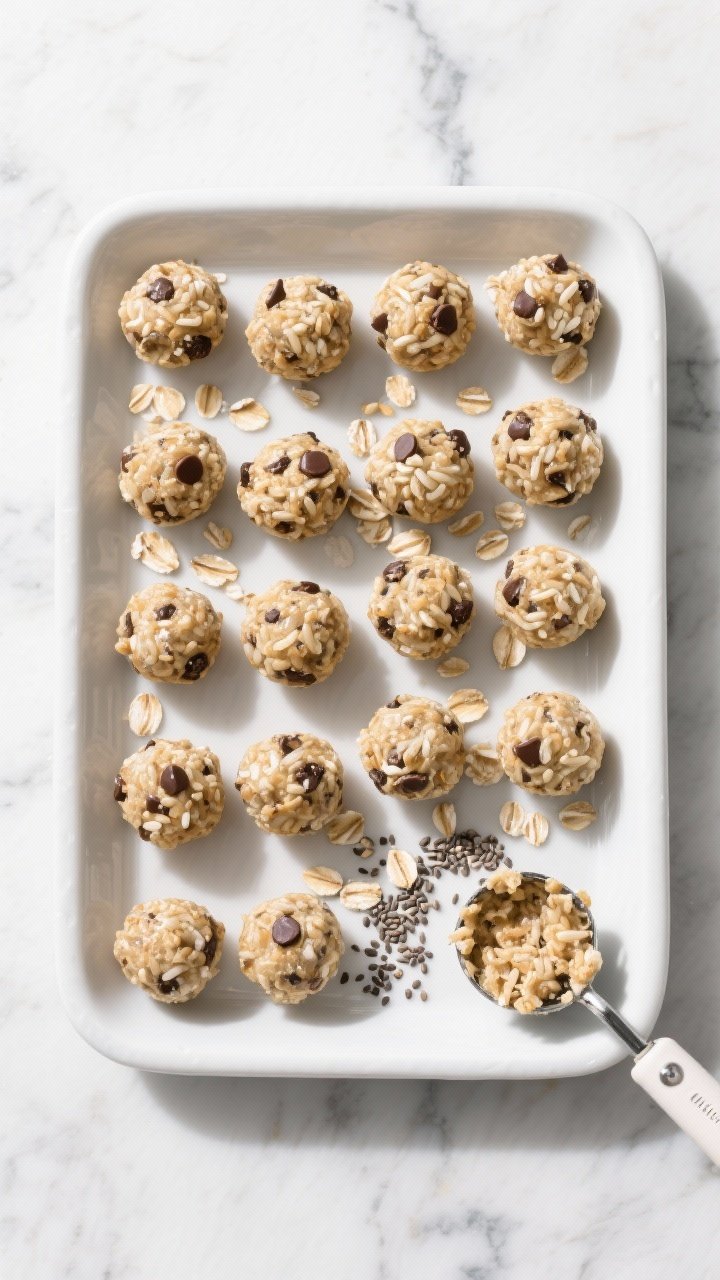 Overhead “tasty top view” of a chilled batch: 18–22 protein balls arranged in a neat grid insi