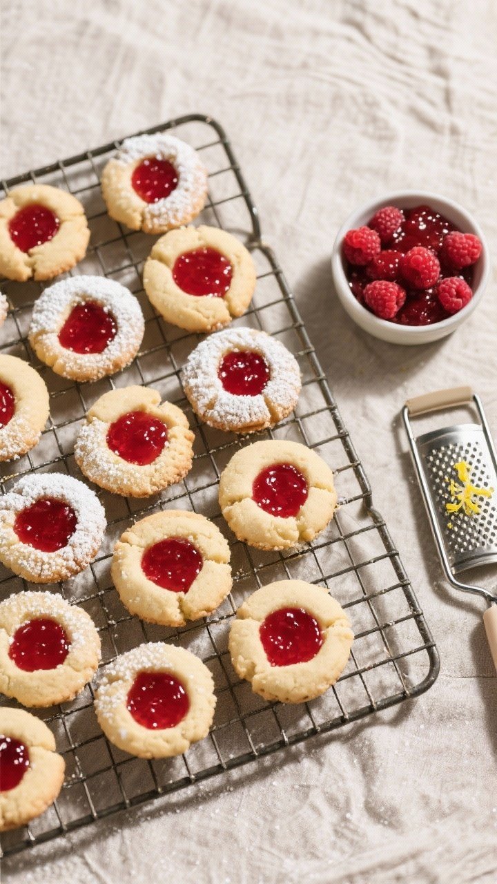 Overhead “tasty top view” of a cooling rack filled with jam-filled thumbprint cookies, some ligh
