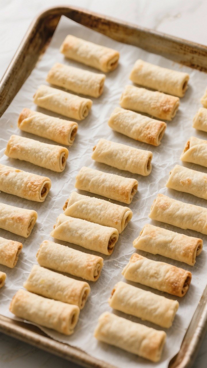 Overhead “tasty top view” of a parchment-lined sheet pan filled with uniformly rolled 1–