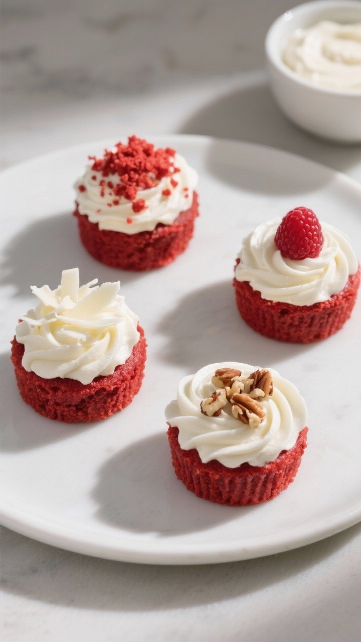 Overhead “tasty top view” of a set of fully frosted mini red velvet cakes on a matte white platt