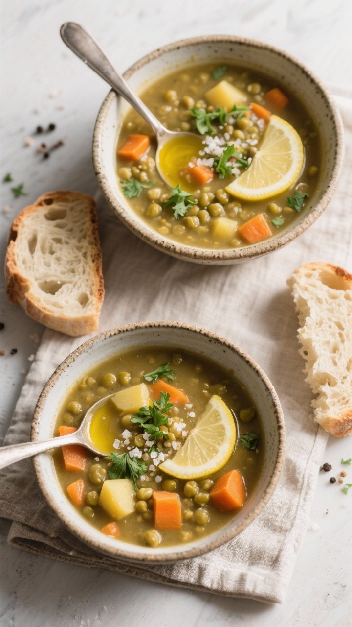 Overhead tasty top view of finished Split Pea & Veggie Soup ladled into two rustic ceramic bowls: th