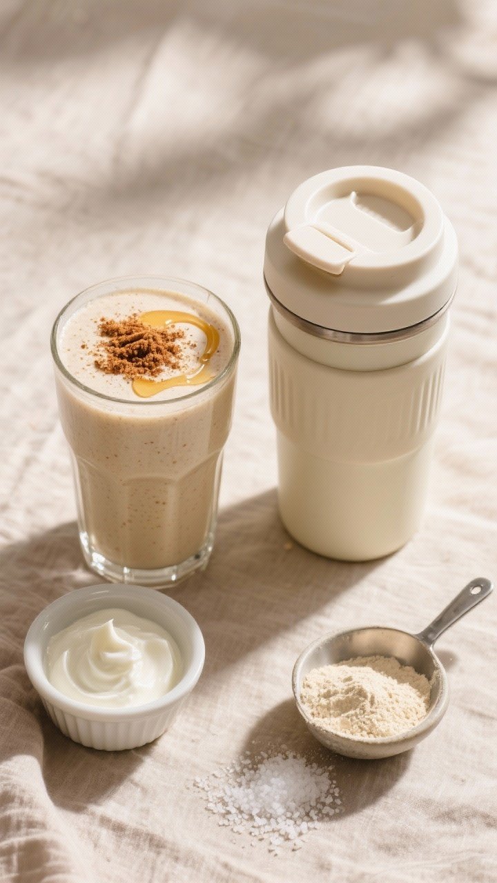 Overhead tasty top-view of the finished smoothie served in a tall glass and a lidded travel cup side