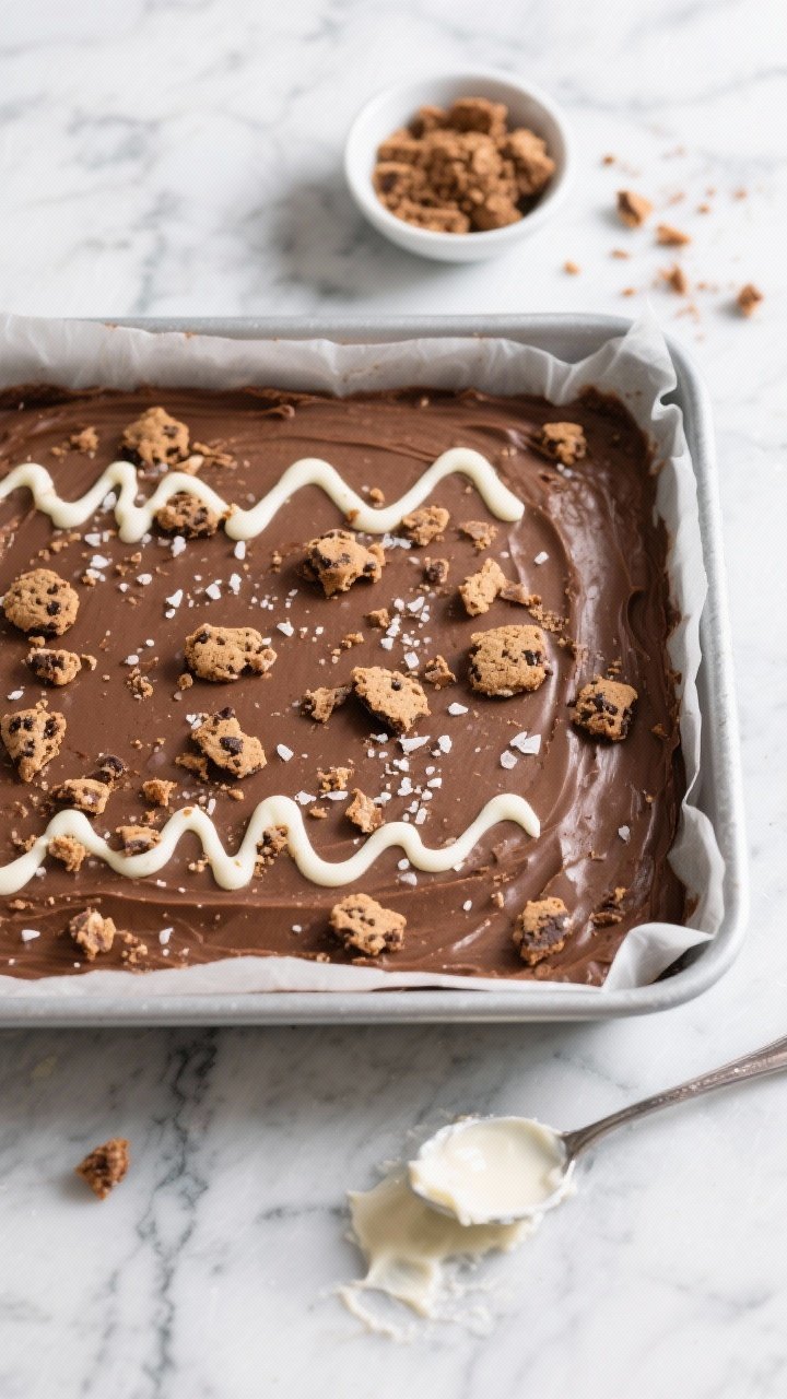 Overhead “tasty top view” of the full batch: An 8x8 pan lined with parchment, the mixture presse